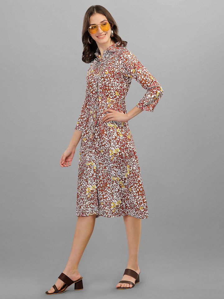 FLORAL PRINTED COLLAR MIDI DRESS -BROWN