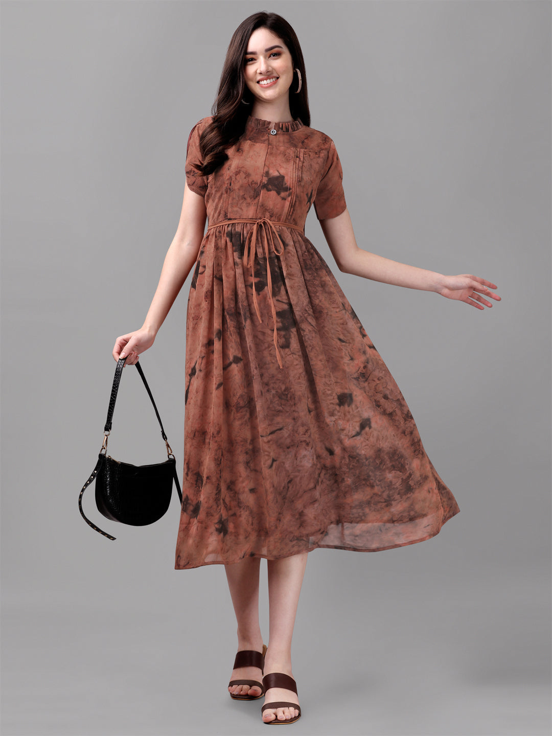 MARBLE PRINTED MIDI DRESS-BROWN