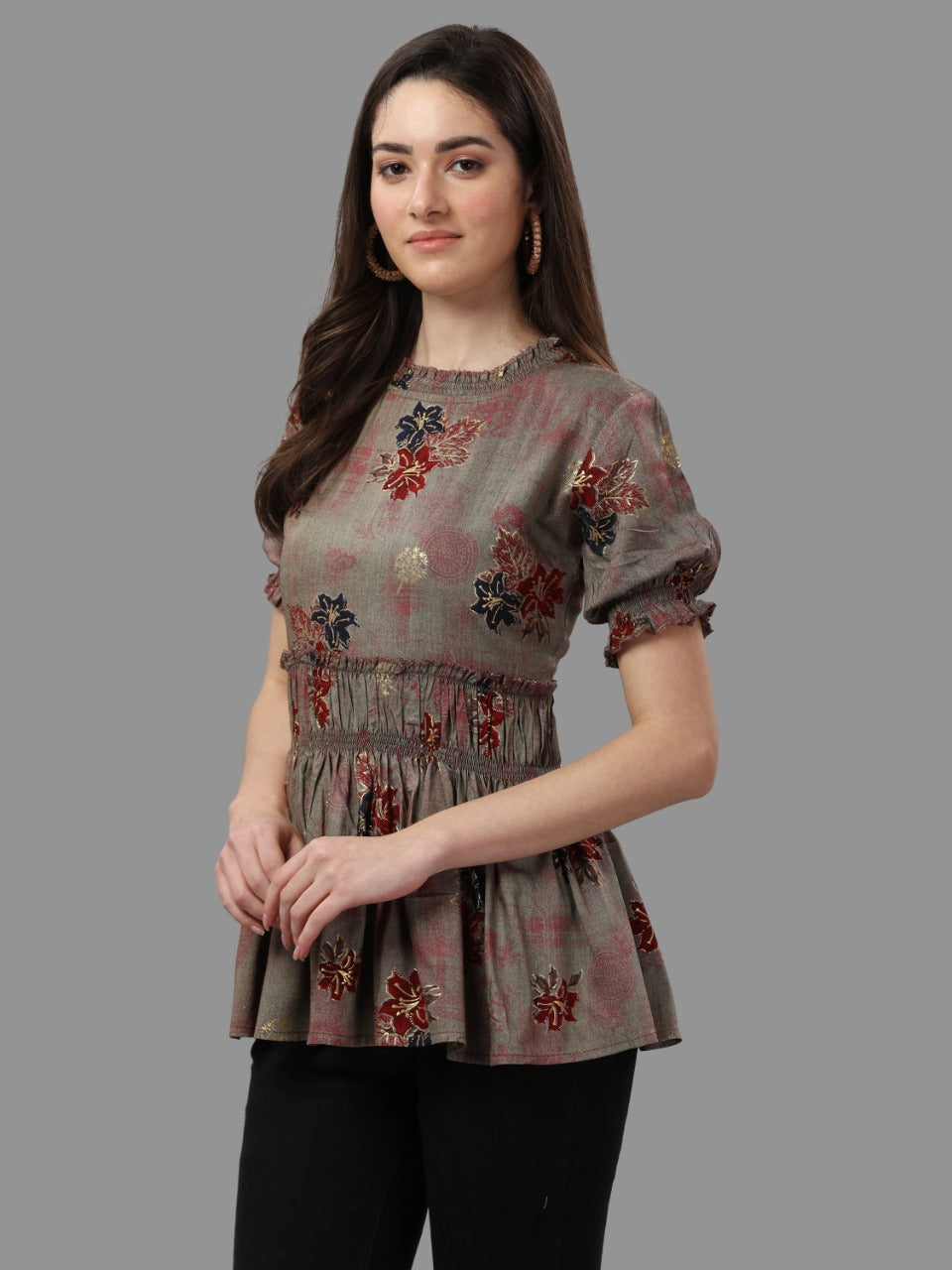 DARK FLORAL PRINTED TOP - BROWN