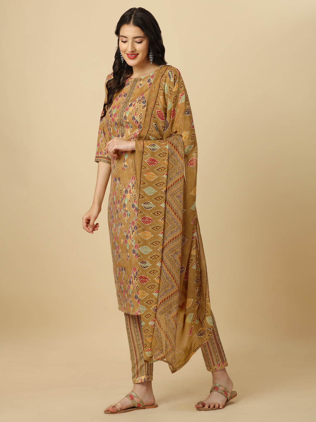 PRINTED KURTI PANT AND DUPATTA SET-BROWN