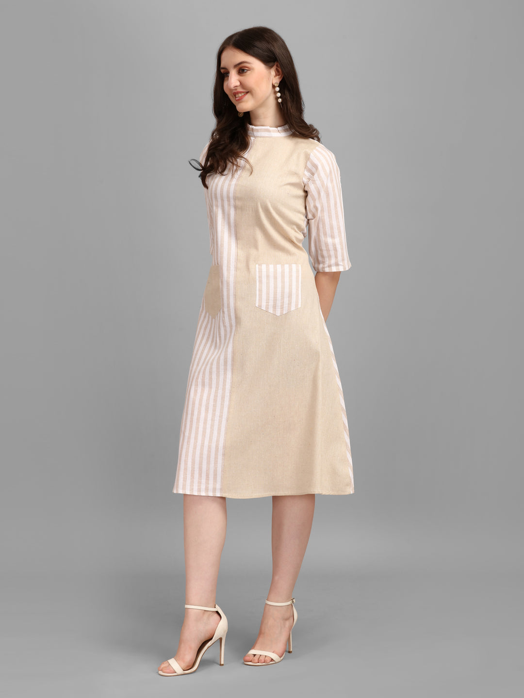 WOMEN STRIPED FANCY MIDI DRESS - SKY BLUE