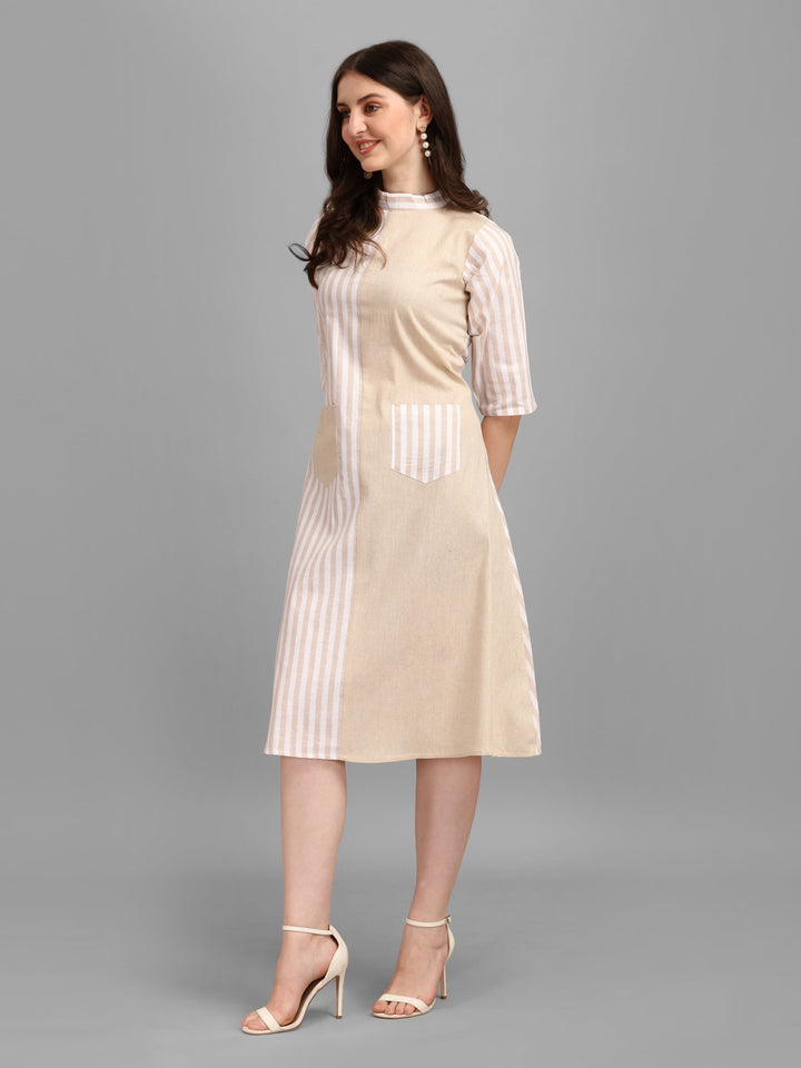 WOMEN STRIPED FANCY MIDI DRESS - PINK