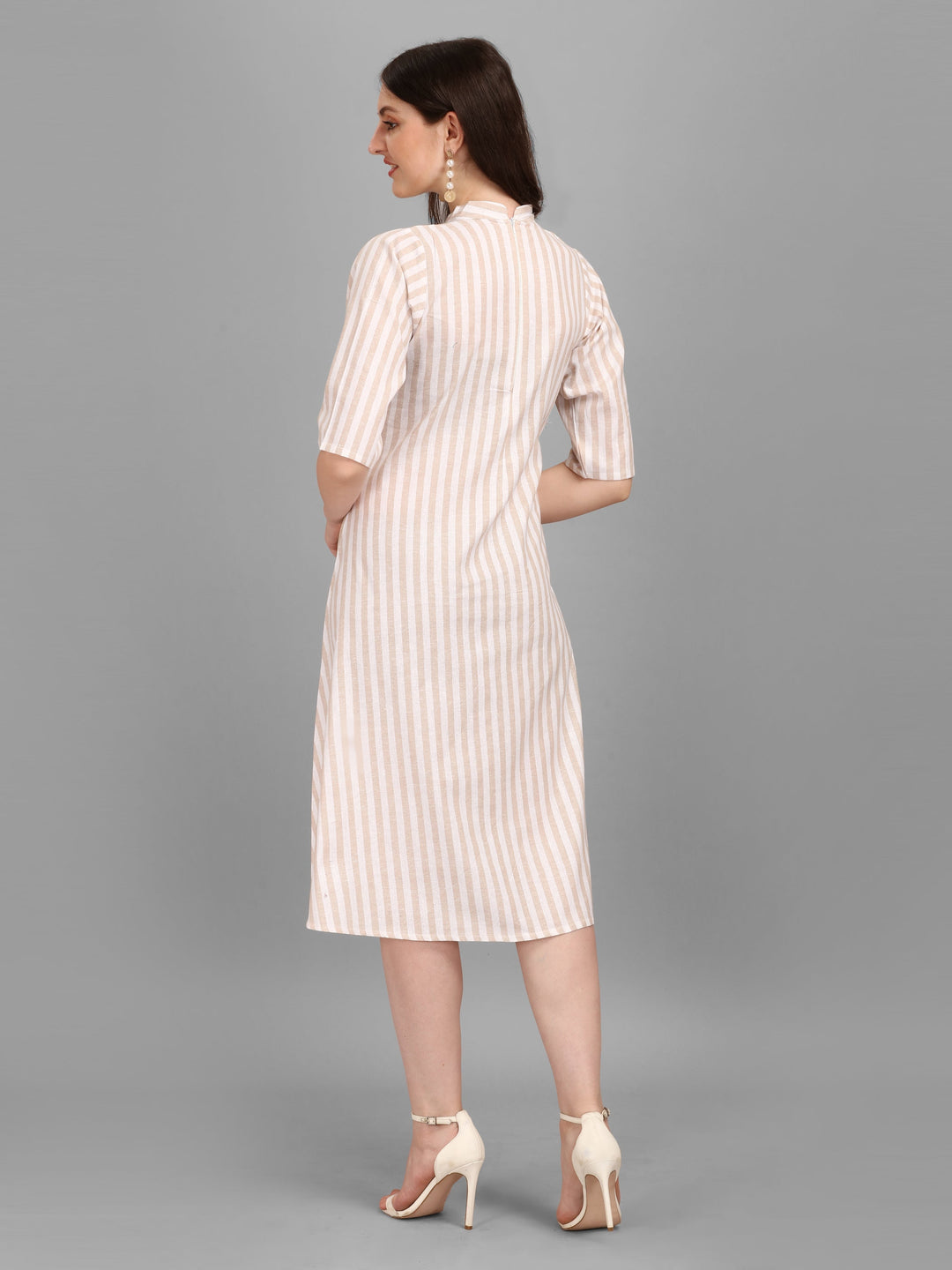 WOMEN STRIPED FANCY MIDI DRESS - PINK