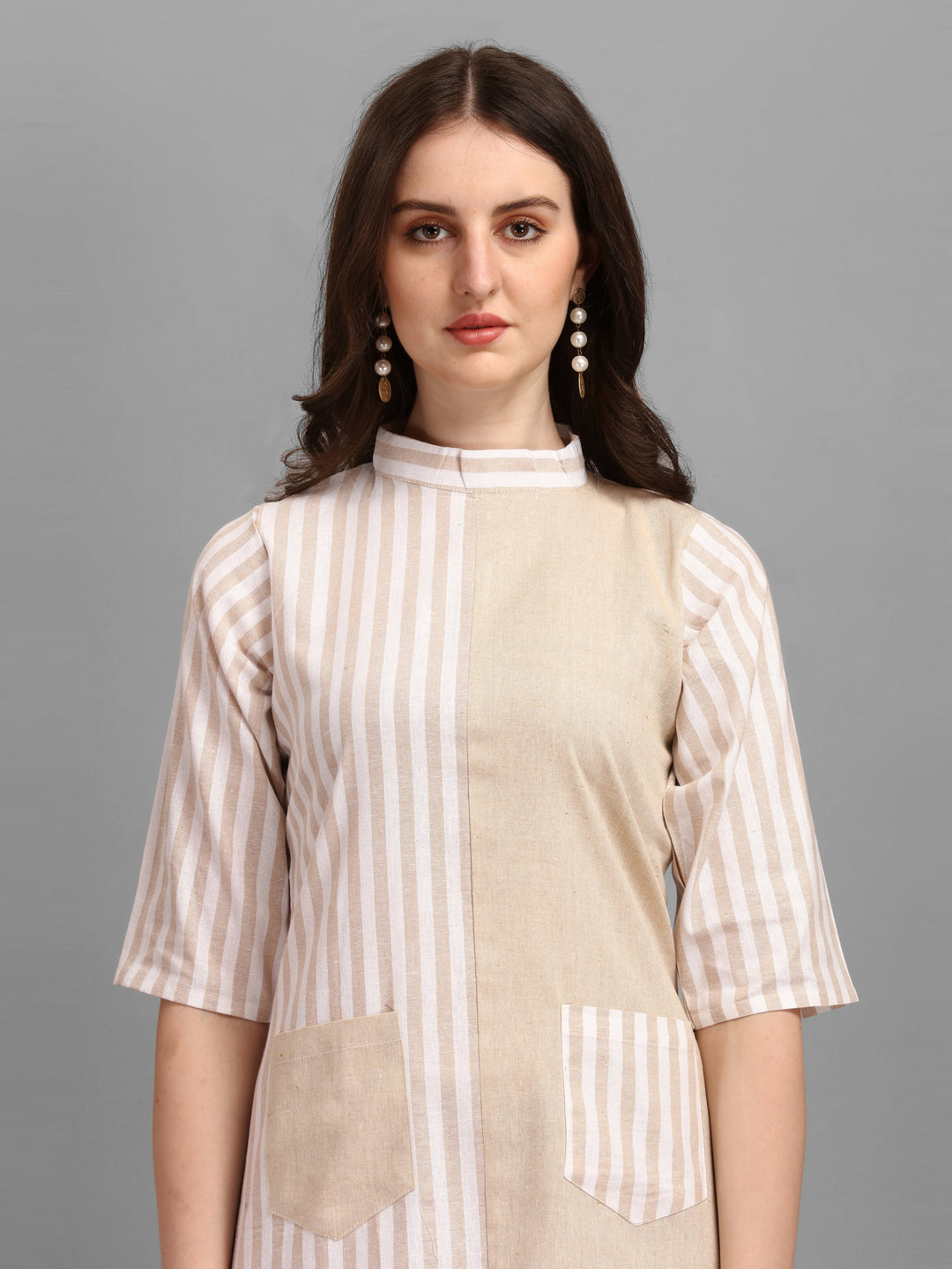 WOMEN STRIPED FANCY MIDI DRESS - BEIGE