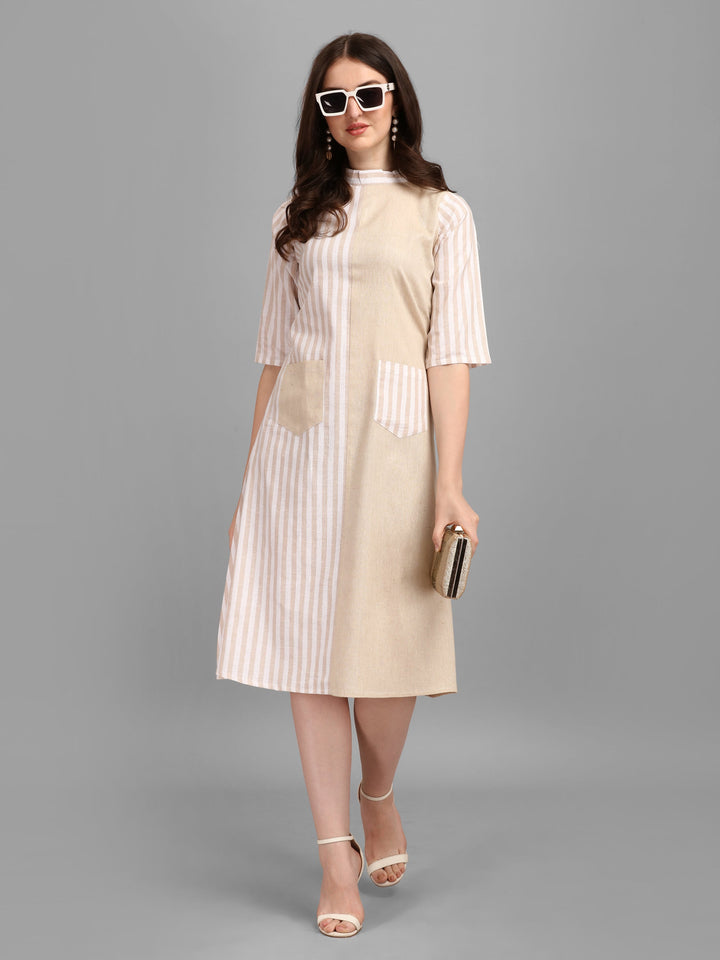 WOMEN STRIPED FANCY MIDI DRESS - BEIGE