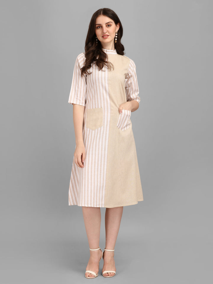 WOMEN STRIPED FANCY MIDI DRESS - BEIGE