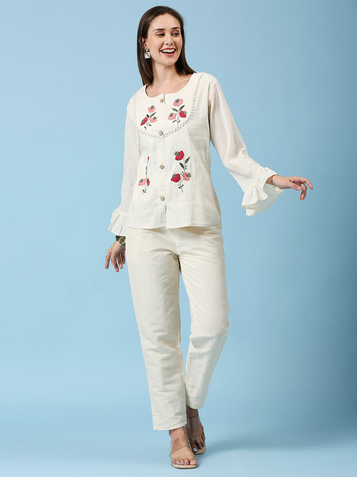 Floral Embroidered Bell Sleeves Pure Cotton Top & Pant Co ords set