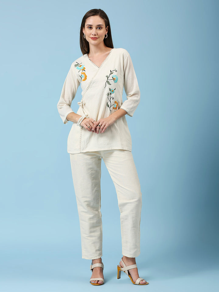 Floral Embroidered V-Neck Pure Cotton Tunic With Pant