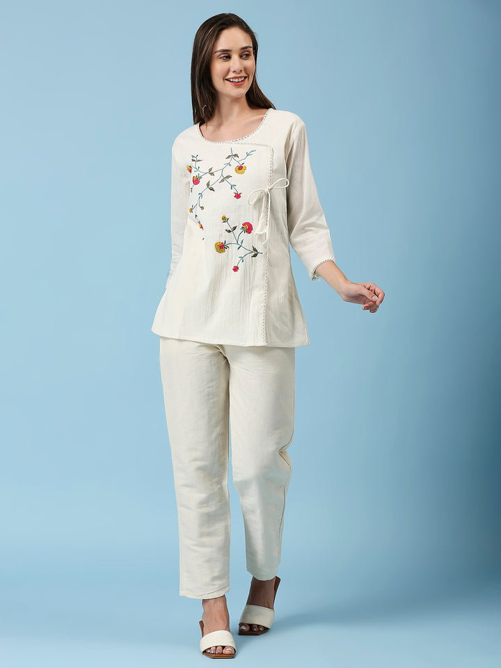 Embroidered Round Neck Top & Pant Khadi Cotton Co-Ords