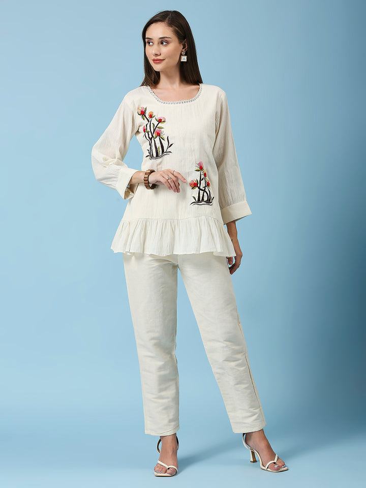 Floral Embellished Round Neck Pure Cotton Tunic Pant Set