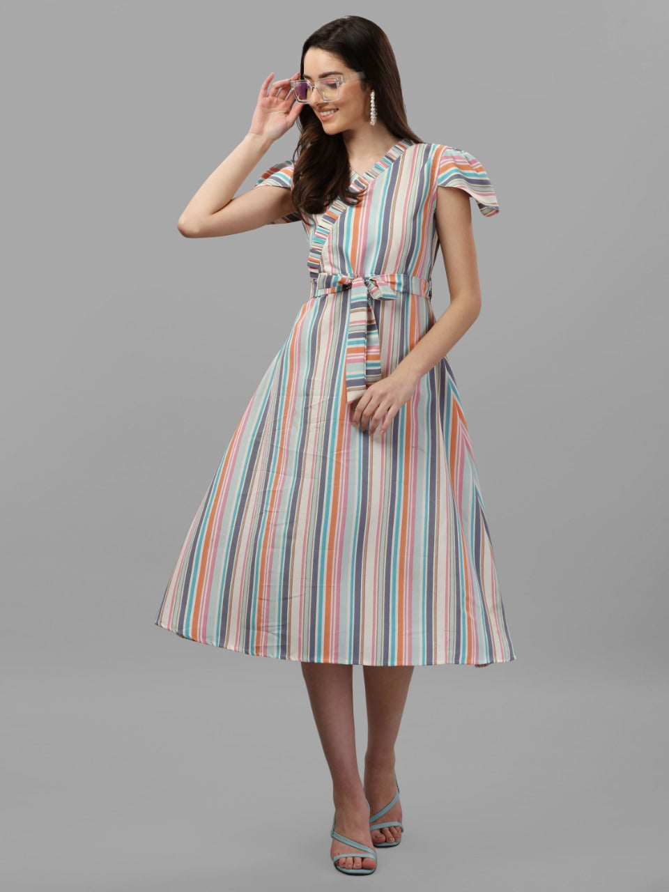 MULTI COLOUR STRIPED, BOW WITH FANCY SLEEVE DRESS-SKY BLUE