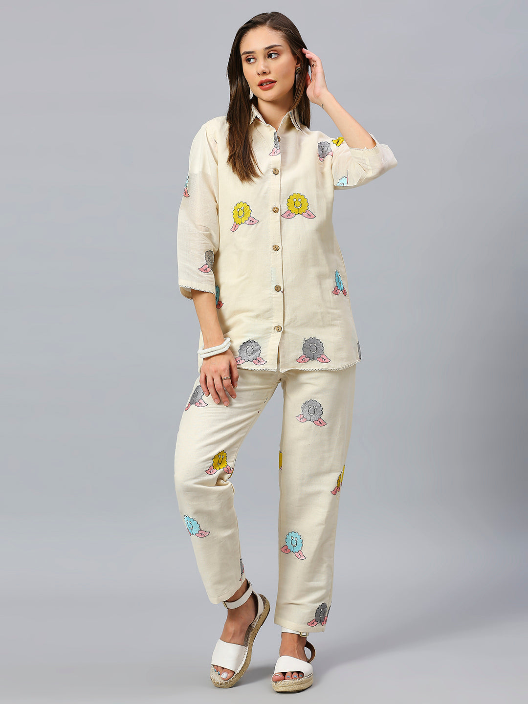 Graphic Printed Three-Quarter Sleeves Pure Cotton Casual Shirt With Trousers