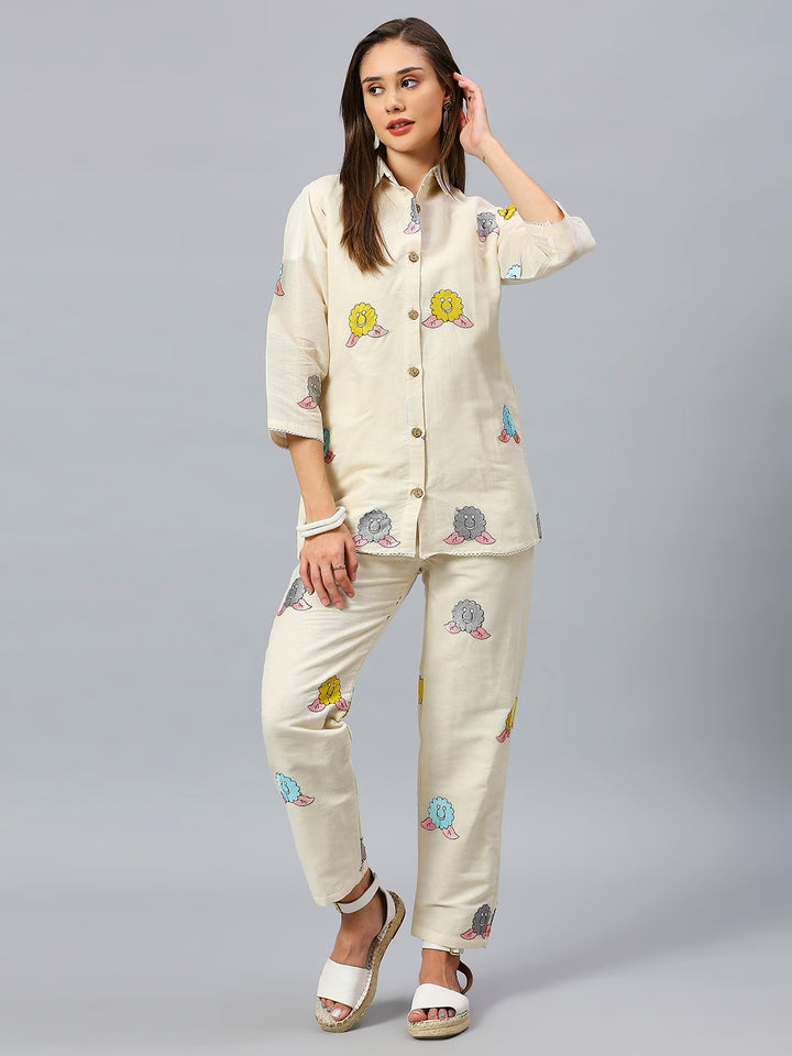 Graphic Printed Three-Quarter Sleeves Pure Cotton Casual Shirt With Trousers