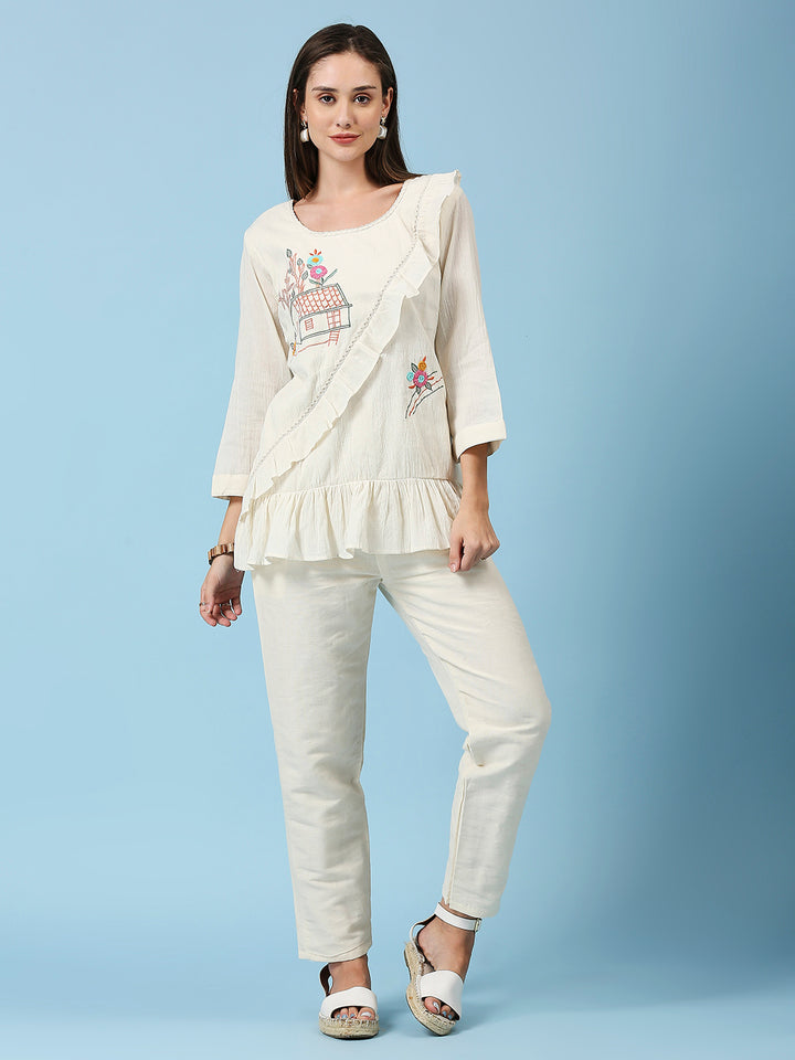 Embroidered Round Neck Top & Pant Khadi Cotton Co-Ords