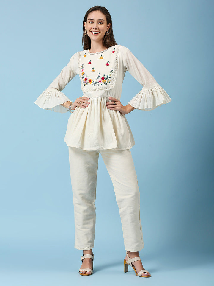 Embroidered Thread Work Pleated Bell Sleeves Pure Cotton Tunic With Pant