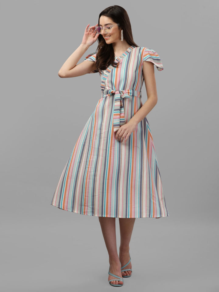 MULTI COLOUR STRIPED, BOW WITH FANCY SLEEVE DRESS-WINE