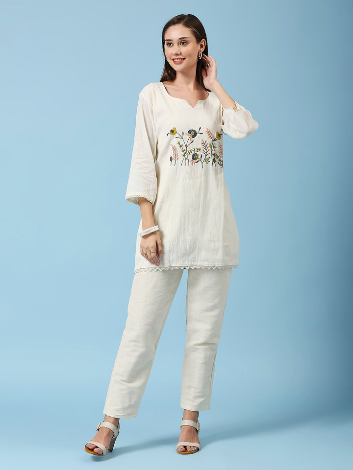 Floral Embroidered Round Neck Khadi Cotton Tunic & Pant Set