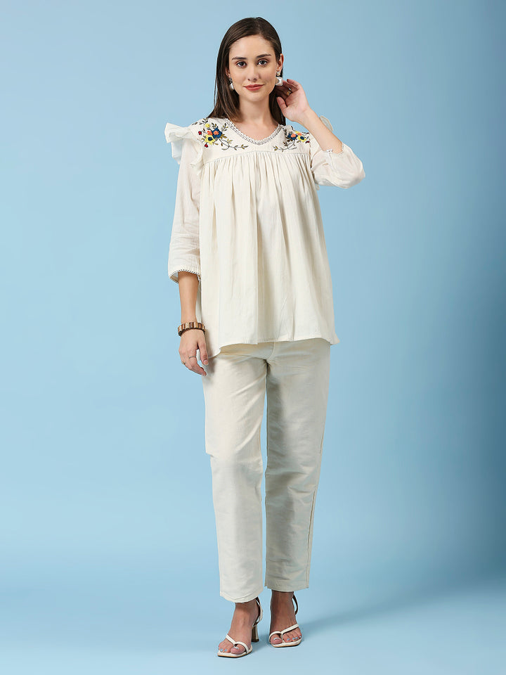 Floral Embroidered V-Neck Khadi Cotton Tunic With Pant