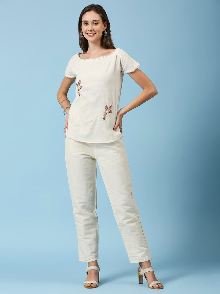 Embroidered Pocket Detailing Pure Cotton Straight Top With Pant