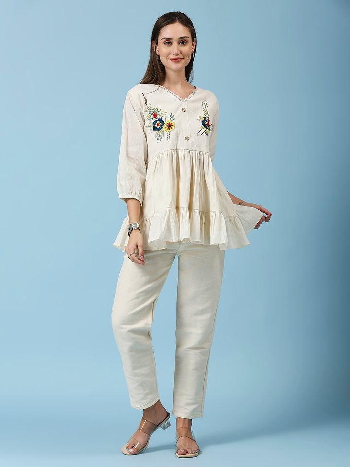 FLORAL EMBROIDERY V-NECK TUNIC WITH PANT CO-ORDS SET