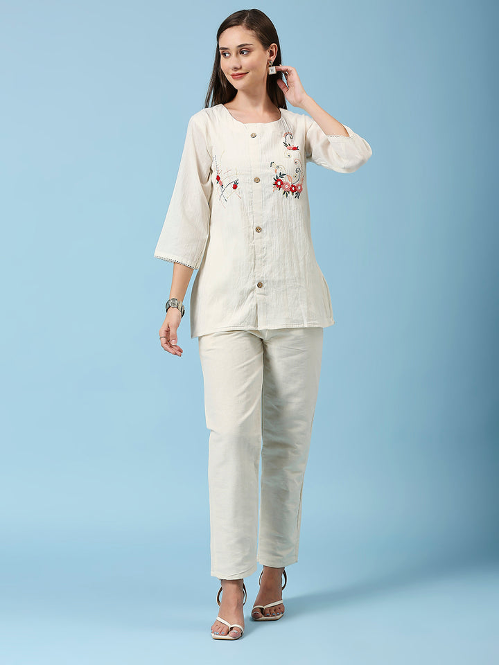 Floral Embroidered Round Neck Top & Pant Pure Cotton Co-Ords