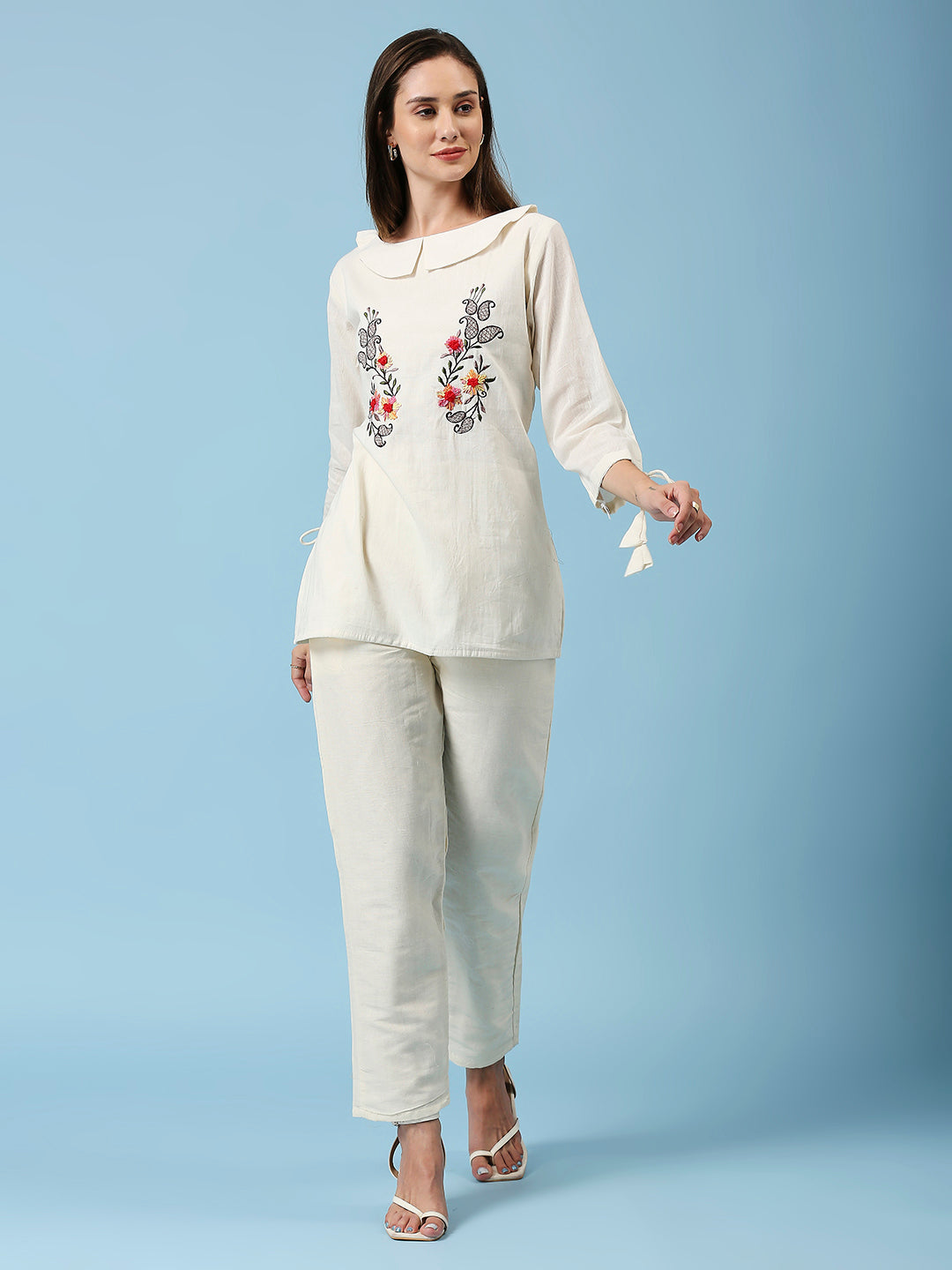 Floral Embroidered Peter Pan Collar Pure Cotton Top & Pant