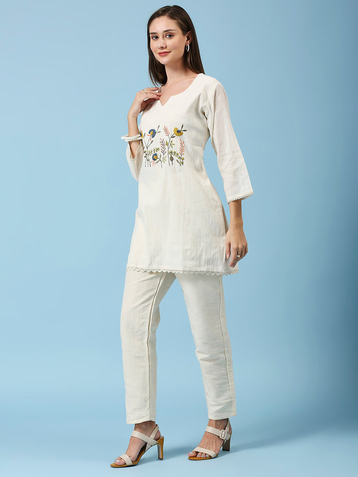 Floral Embroidered Round Neck Khadi Cotton Tunic & Pant Set