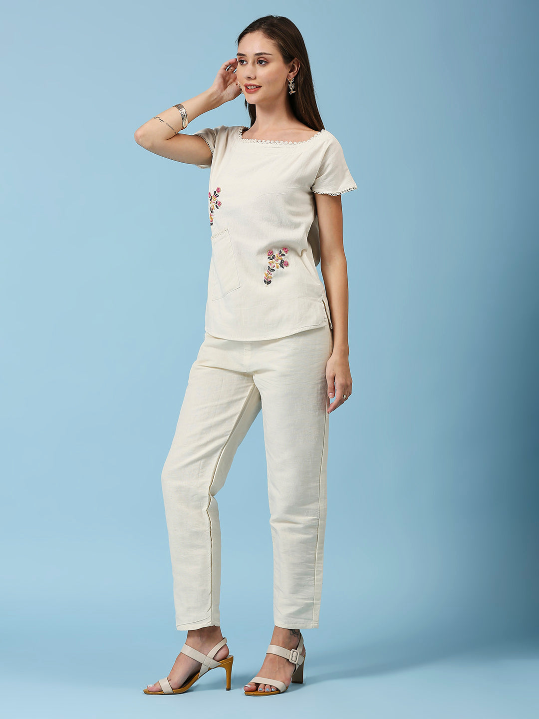 Embroidered Pocket Detailing Pure Cotton Straight Top With Pant