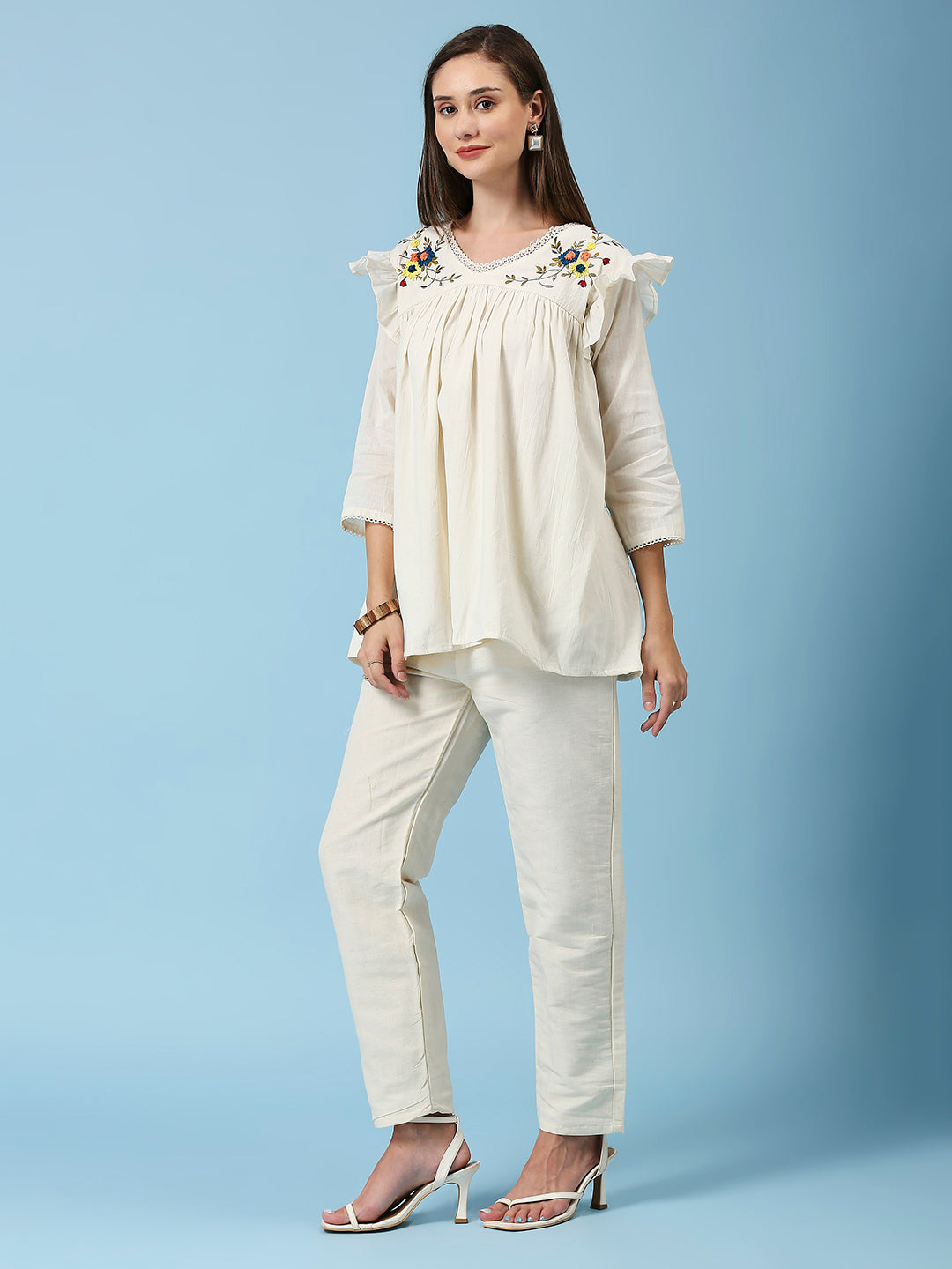 Floral Embroidered V-Neck Khadi Cotton Tunic With Pant