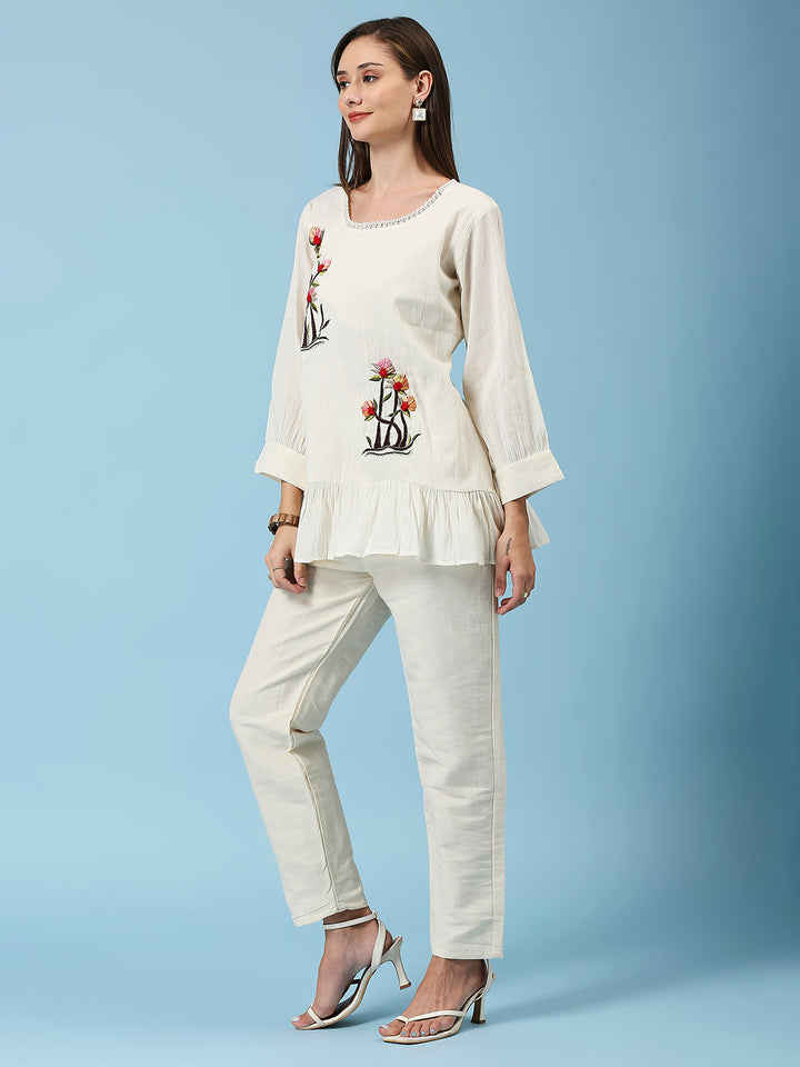 Floral Embellished Round Neck Pure Cotton Tunic Pant Set