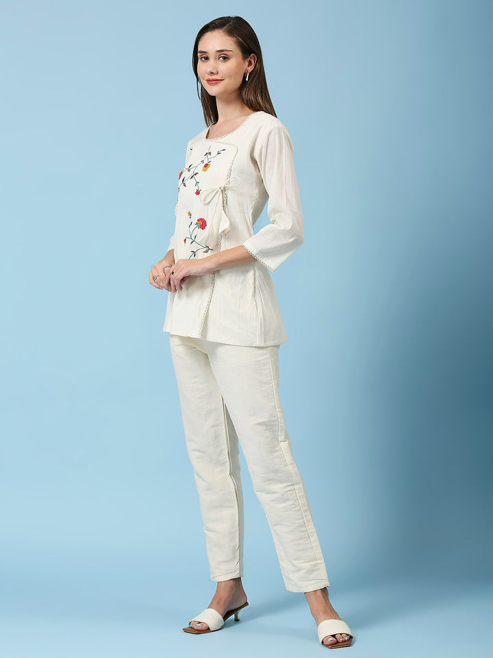 Embroidered Round Neck Top & Pant Khadi Cotton Co-Ords