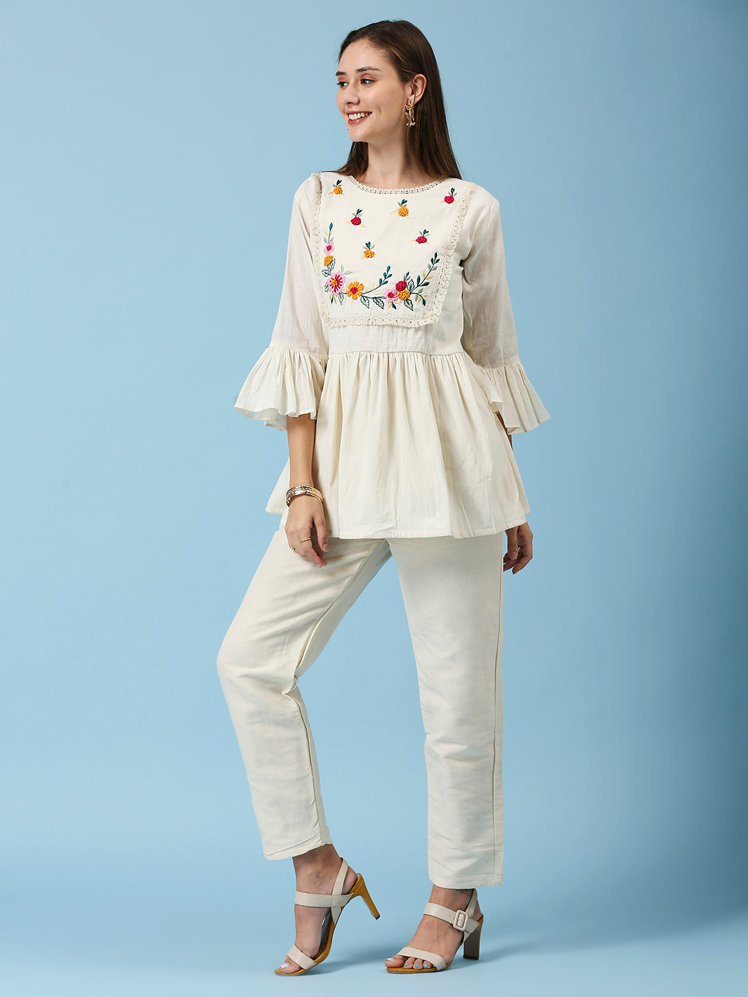 Embroidered Thread Work Pleated Bell Sleeves Pure Cotton Tunic With Pant