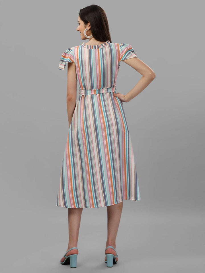 MULTI COLOUR STRIPED, BOW WITH FANCY SLEEVE DRESS-SKY BLUE