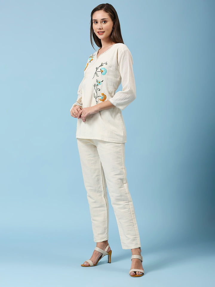 Floral Embroidered V-Neck Pure Cotton Tunic With Pant