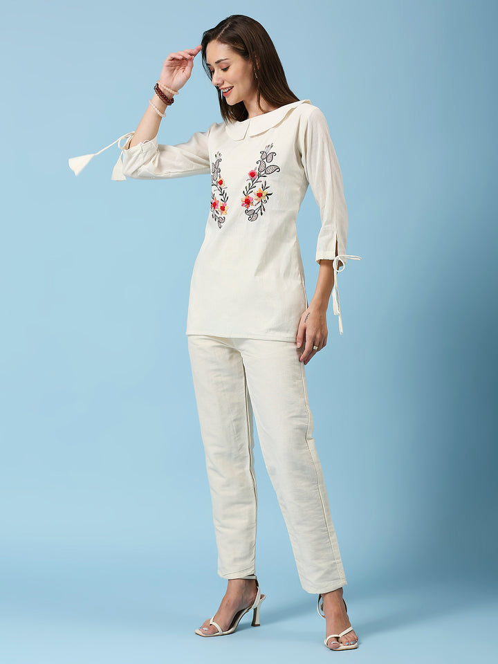 Floral Embroidered Peter Pan Collar Pure Cotton Top & Pant