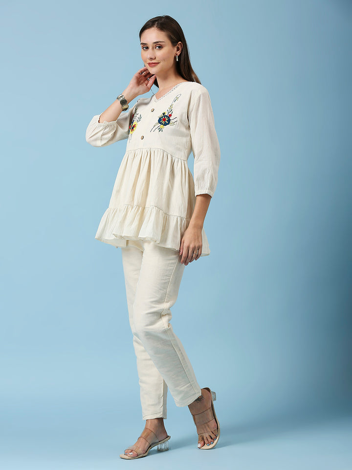 FLORAL EMBROIDERY V-NECK TUNIC WITH PANT CO-ORDS SET