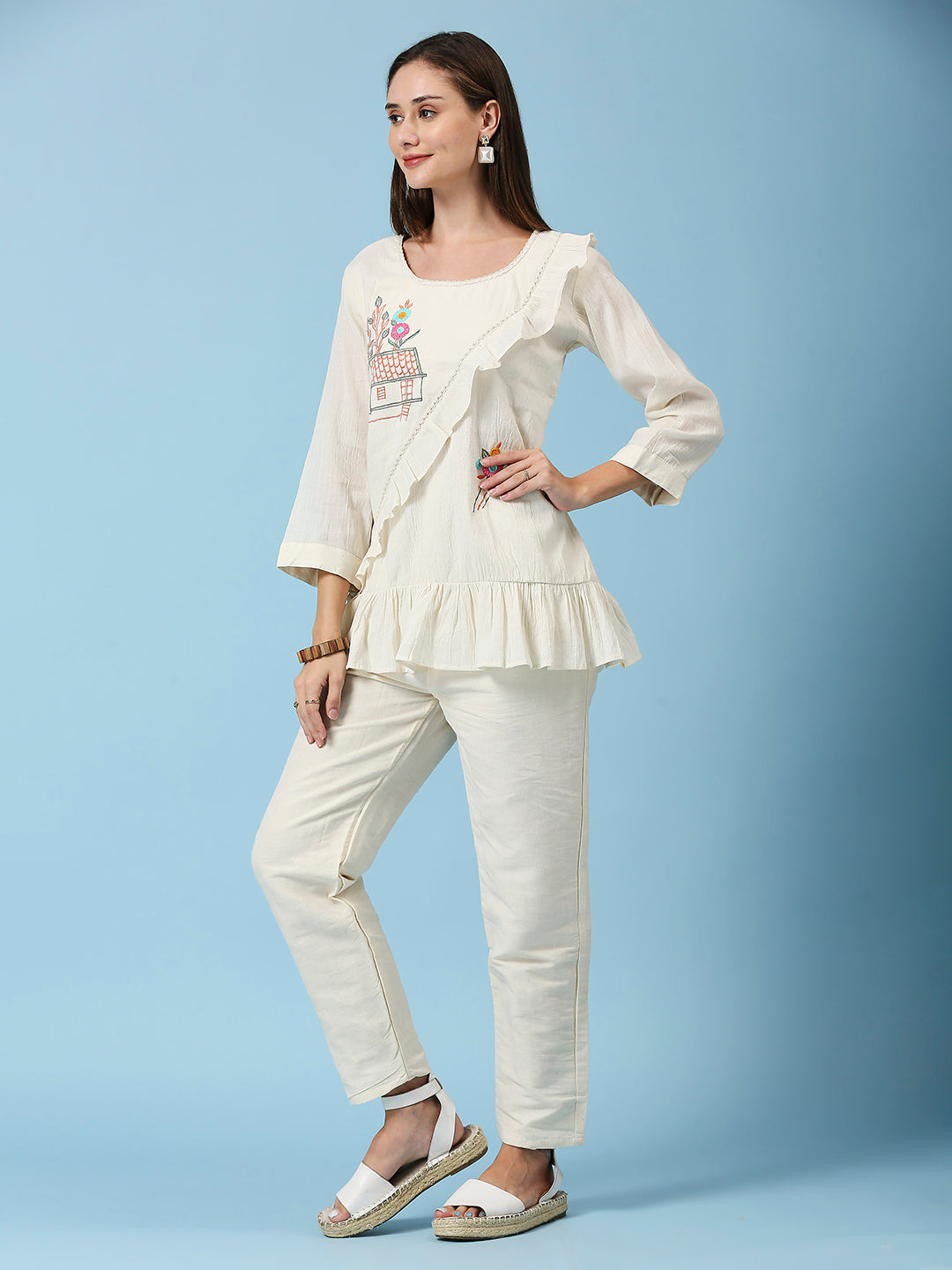 Embroidered Round Neck Top & Pant Khadi Cotton Co-Ords