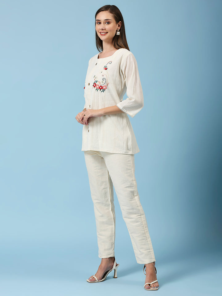 Floral Embroidered Round Neck Top & Pant Pure Cotton Co-Ords