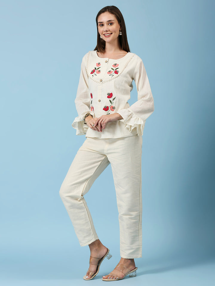 Floral Embroidered Bell Sleeves Pure Cotton Top & Pant Co ords set