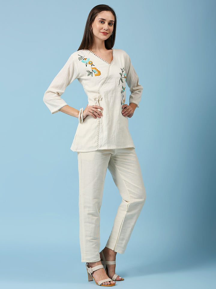 Floral Embroidered V-Neck Pure Cotton Tunic With Pant