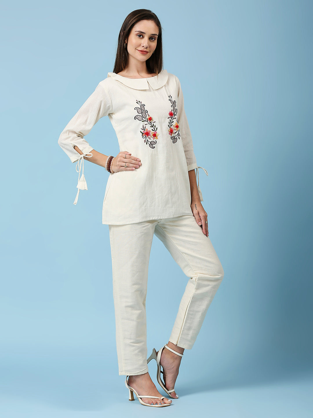 Floral Embroidered Peter Pan Collar Pure Cotton Top & Pant