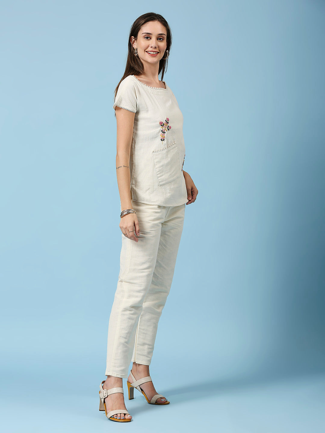 Embroidered Pocket Detailing Pure Cotton Straight Top With Pant