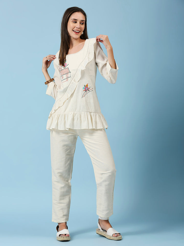 Embroidered Round Neck Top & Pant Khadi Cotton Co-Ords