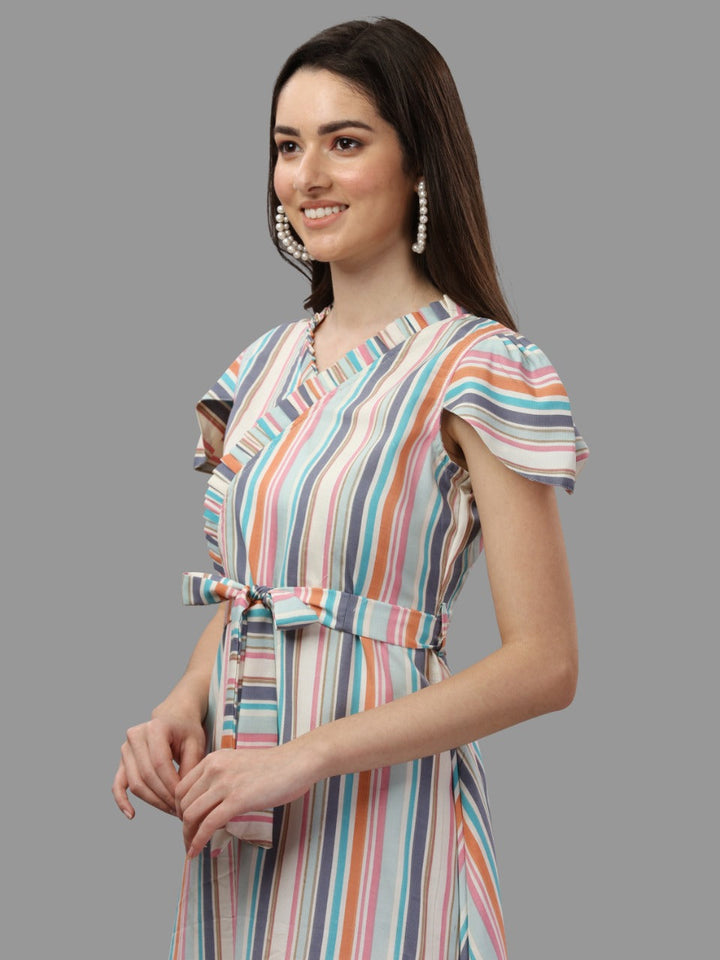 MULTI COLOUR STRIPED, BOW WITH FANCY SLEEVE DRESS-WINE