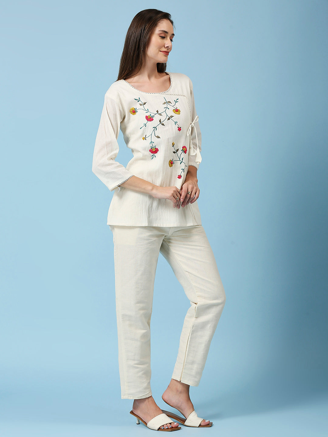 Embroidered Round Neck Top & Pant Khadi Cotton Co-Ords