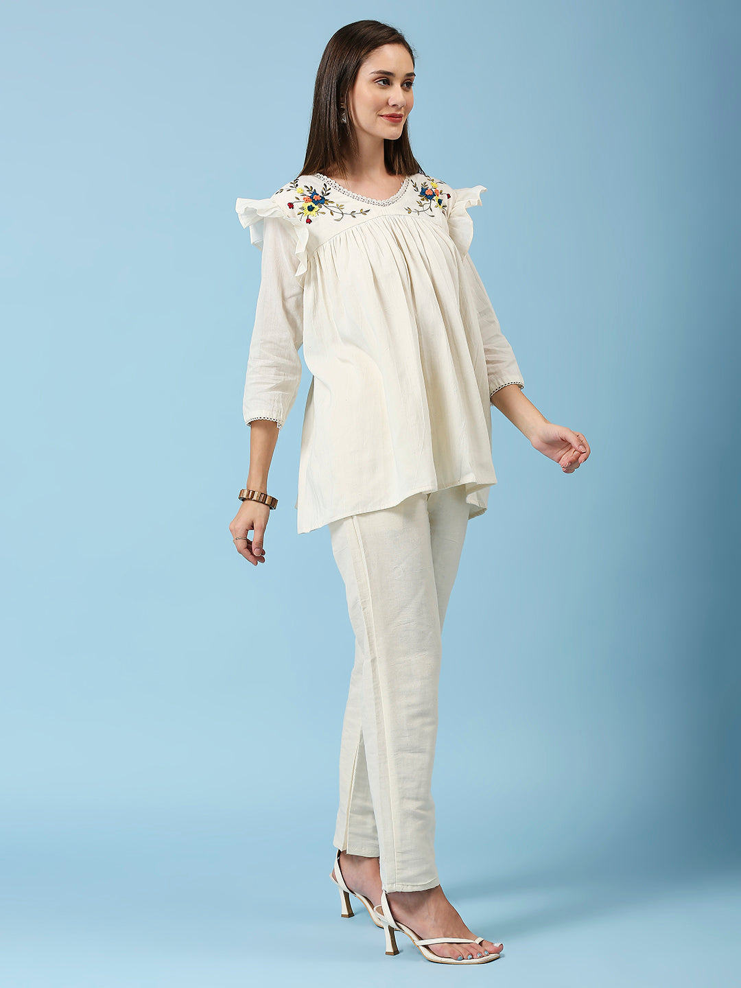 Floral Embroidered V-Neck Khadi Cotton Tunic With Pant