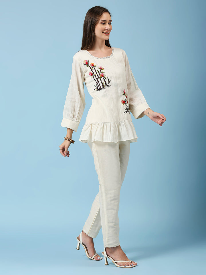 Floral Embellished Round Neck Pure Cotton Tunic Pant Set