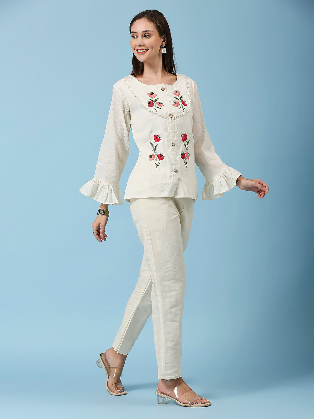 Floral Embroidered Bell Sleeves Pure Cotton Top & Pant Co ords set