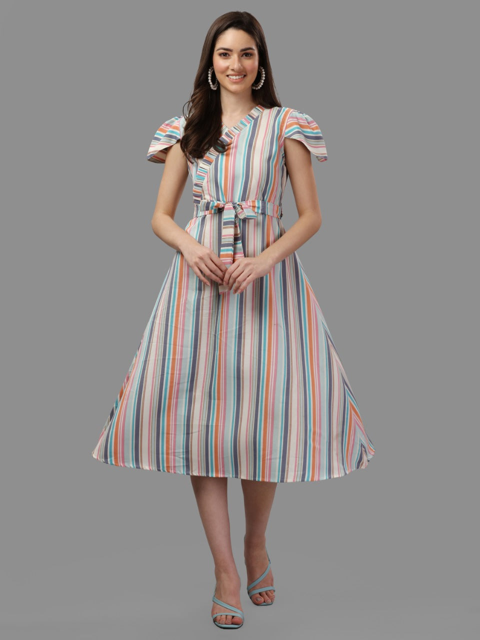 MULTI COLOUR STRIPED, BOW WITH FANCY SLEEVE DRESS-CREAM