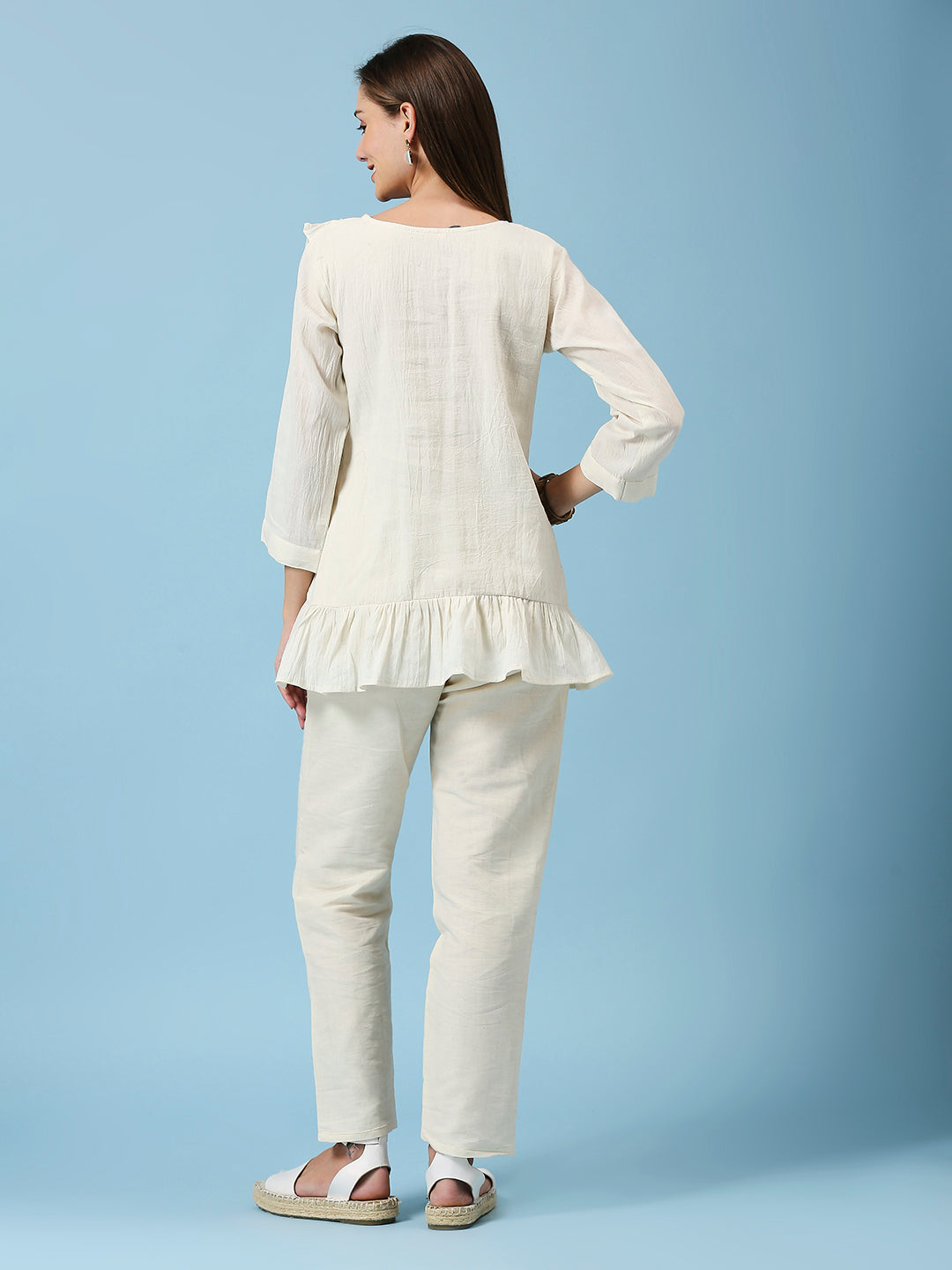 Embroidered Round Neck Top & Pant Khadi Cotton Co-Ords